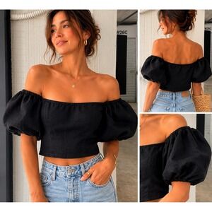 LOFT Beach Black 100% Linen Puff Sleeve Off Shoulder Crop Top Size‎ L